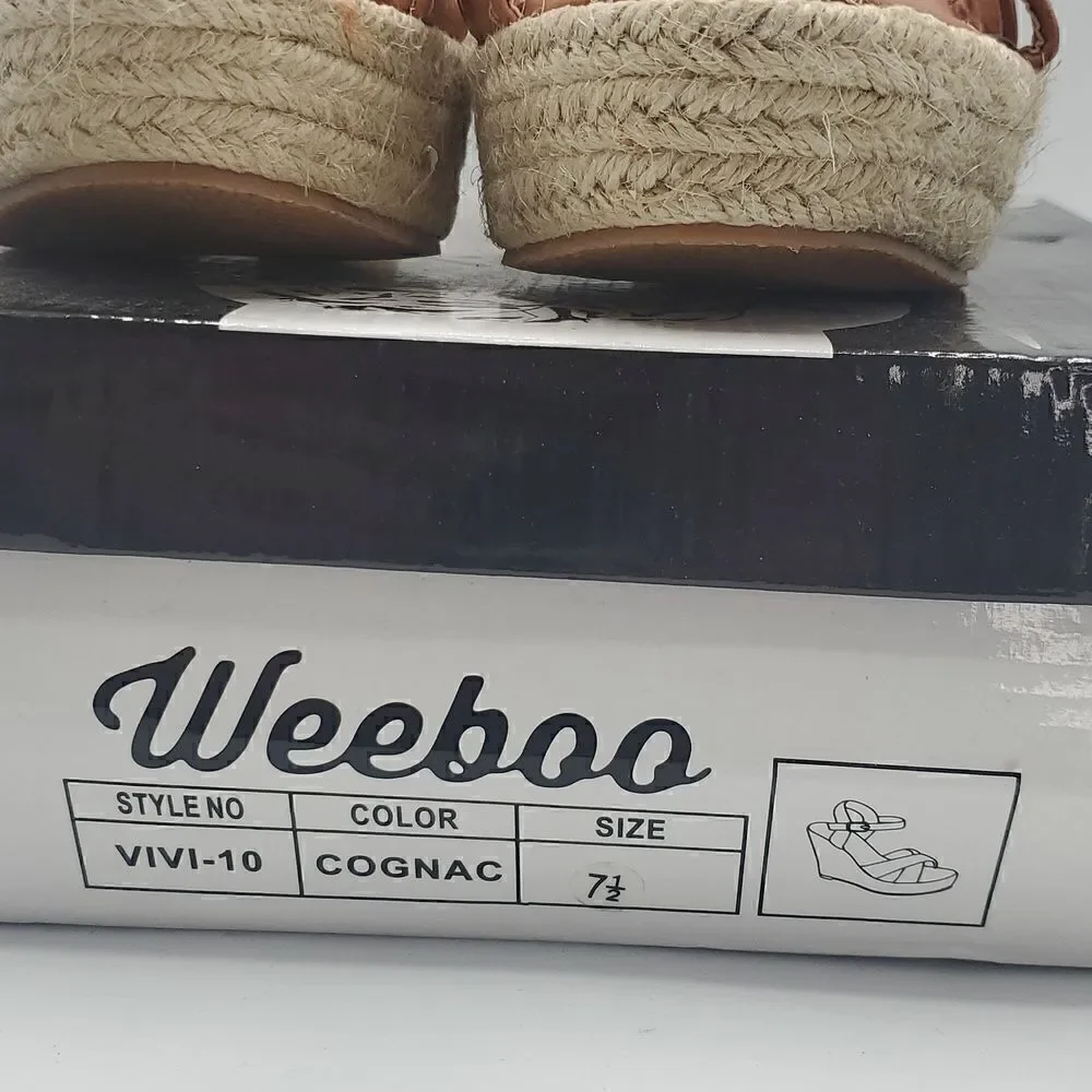 Weeboo Tan Mid High Heel Wedge Strappy Buckle Espadrille Sandals Size 7.5